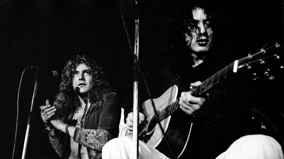  Robert Plant, Jimmy Page and an acoustic guitar - perhaps performing The Rain Song, or The Seasons in 1973 