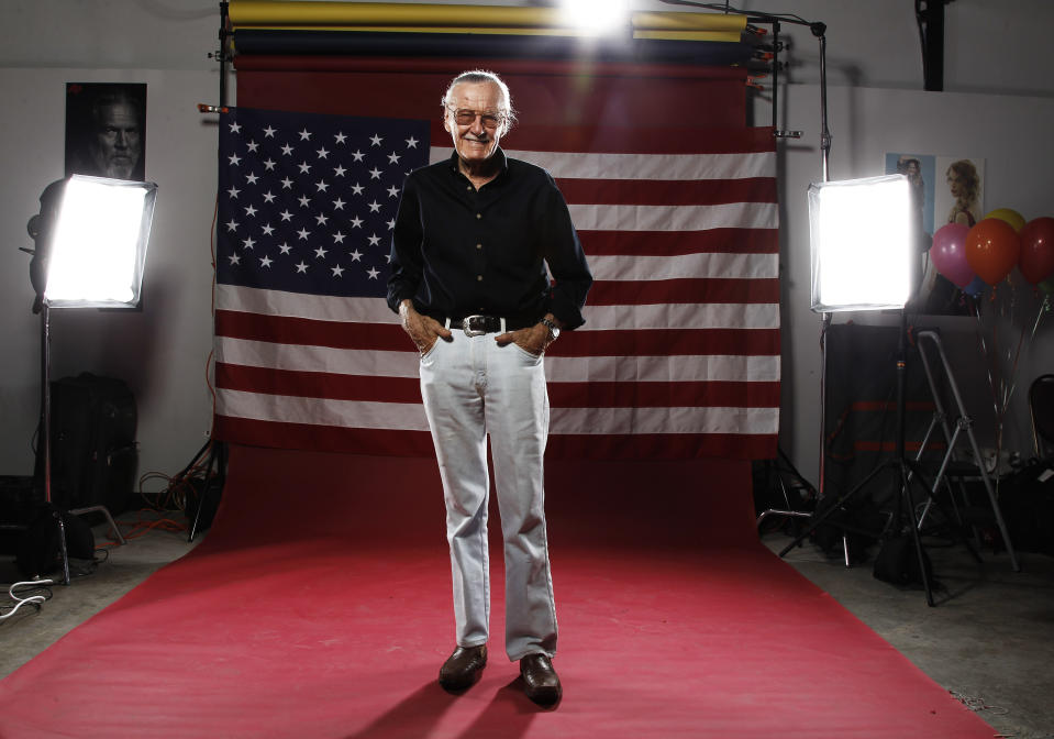 FILE - In this July 21, 2011, file photo, Stan Lee poses for a portrait at the LMT Music Lodge during Comic Con in San Diego. A small, private funeral has been held to mourn Marvel Comics mogul Stan Lee, who died Monday at age 95, and his company is making more plans to memorialize him. (AP Photo/Matt Sayles, File)