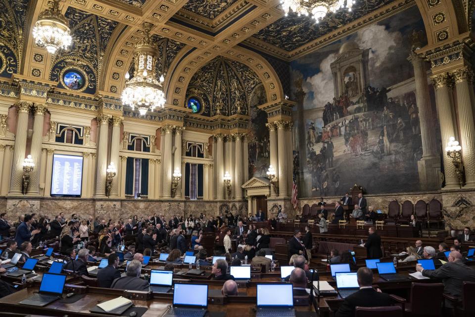 The Pennsylvania House of Representatives is in session at the Pennsylvania Capitol, Tuesday, Feb. 21, 2023, in Harrisburg, Pa. A special election in the Philadelphia suburbs will determine whether Democrats in the Pennsylvania House of Representatives will maintain control of the chamber or if Republicans will reclaim the majority control they held for 12 years until this January. (AP Photo/Matt Rourke)