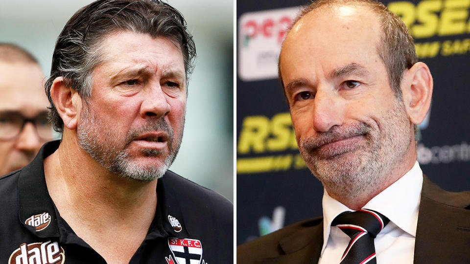 Brett Ratten is pictured on the left, and St Kilda president Andrew Bassat on the right.