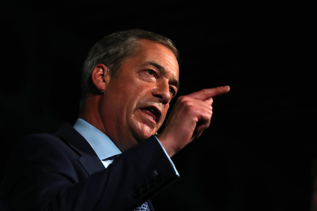 Brexit Party leader Nigel Farage speaks at a Brexit Party rally conference at Maidstone Exhibition Hall, Maidstone.