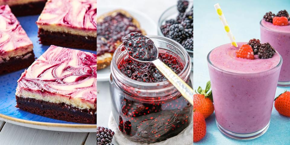 <p>We. Love. Blackberries. Whether it's <a href="https://www.delish.com/uk/cooking/recipes/a32943811/blackberry-jam-recipe/" rel="nofollow noopener" target="_blank" data-ylk="slk:Blackberry Jam;elm:context_link;itc:0;sec:content-canvas" class="link ">Blackberry Jam</a>, <a href="https://www.delish.com/uk/cooking/recipes/a33592676/blackberry-cheesecake-brownies-recipe/" rel="nofollow noopener" target="_blank" data-ylk="slk:Blackberry Cheesecake Brownies;elm:context_link;itc:0;sec:content-canvas" class="link ">Blackberry Cheesecake Brownies</a> (they're as delicious as they sound) or <a href="https://www.delish.com/uk/cooking/recipes/a36607525/blackberry-crumble/" rel="nofollow noopener" target="_blank" data-ylk="slk:Blackberry Crumble;elm:context_link;itc:0;sec:content-canvas" class="link ">Blackberry Crumble</a>, there's nothing like an easy blackberry recipe to help with your five a day. The perfect versatile ingredient great for breakfast, brunch and desserts, we're big blackberry fans! So, for a selection of blackberry recipes actually worth making, take a look at some of our favourites now. </p>