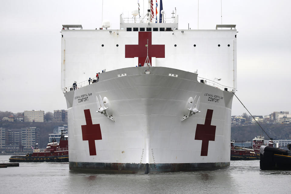 The USNS Comfort, a naval hospital ship, arrives in New York City. With 1000 beds and 12 operating rooms, the ship will handle traumas and other emergencies, helping ease the pressure on New York's civilian hospitals, many of which are now overwhelmed with coronavirus patients. (Photo by John Lamparski/Getty Images)