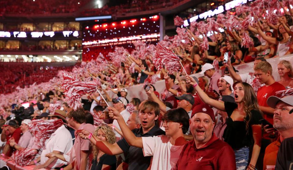 Sep 9, 2023; Tuscaloosa, Alabama, USA; Alabama fans sing Dixieland Delight during the game with Texas at Bryant-Denny Stadium. Mandatory Credit: Gary Cosby Jr.-USA TODAY Sports