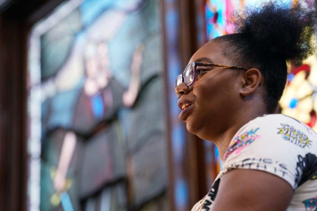 Brittany Gilliam responds to questions in her attorney’s office, David Lane, on Friday, Aug. 18, 2023, in downtown Denver. (AP Photo/David Zalubowski)