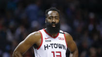 FILE - In this March 7, 2020, file photo, Houston Rockets guard James Harden stands on the court during a break in the action against the Charlotte Hornets during the second half of an NBA basketball game in Charlotte, N.C. This season’s NBA MVP has won the award before. A trio of past winners of the award — reigning MVP Giannis Antetokounmpo of the Milwaukee Bucks, four-time MVP LeBron James of the Los Angeles Lakers and 2017-18 winner James Harden of the Houston Rockets — were announced Saturday, Aug. 8, 2020, as the finalists for this season’s top NBA individual honor. (AP Photo/Nell Redmond, File)