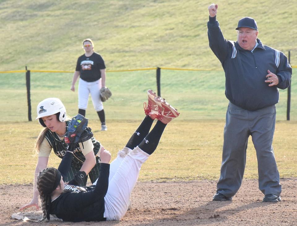 Herkimer College General Alexis Van Patten is called out on a close play at second base in April. Van Patten was an all-star selection at the NJCAA's national tournament last spring.