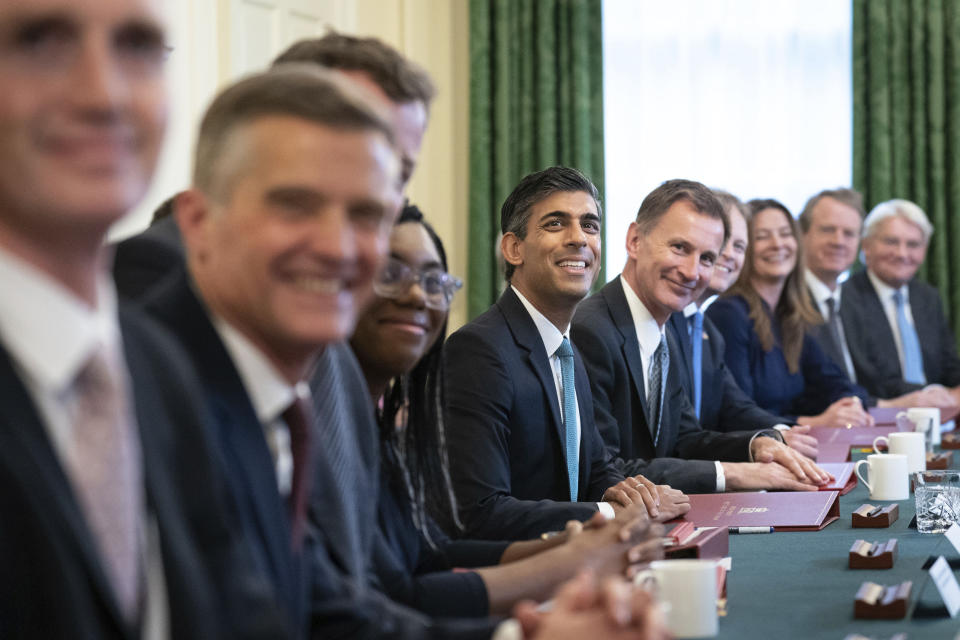 Britain's Prime Minister Rishi Sunak, center, holds his first Cabinet meeting in Downing Street in London, Wednesday, Oct. 26, 2022. (Stefan Rousseau/Pool Photo via AP)