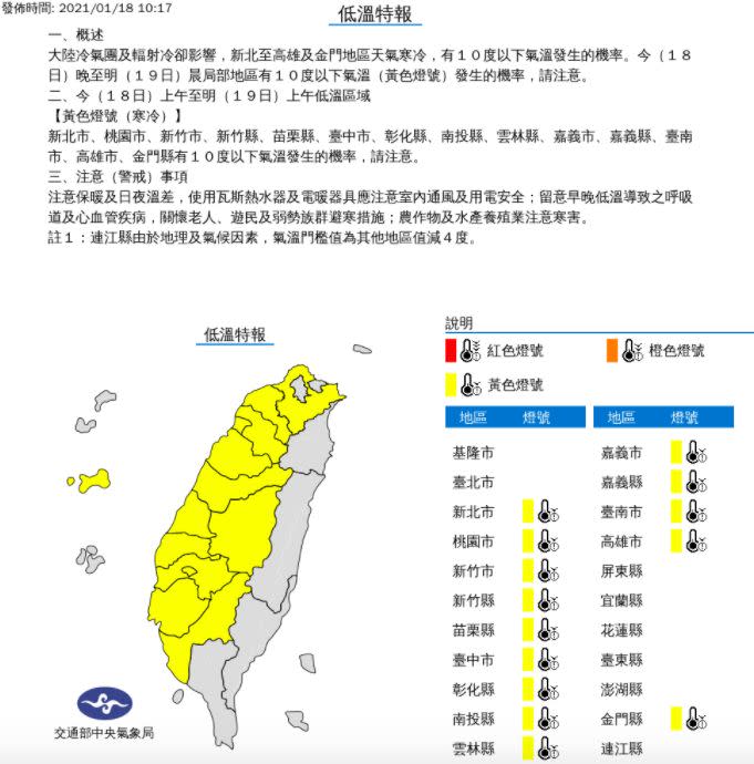 ▲受強烈大陸冷氣團影響，中央氣象局今（18）日清晨持續發布低溫特報，清晨高雄以北及宜蘭地區低溫在8至12度，白天桃園以北到宜蘭地區整日低於15度，北部其他區域也只有16、17度。（圖/翻攝中央氣象局）