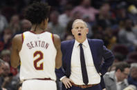 Cleveland Cavaliers head coach John Beilein gives instructions to players in the second half of an NBA basketball game against the New York Knicks, Monday, Feb. 3, 2020, in Cleveland. New York won 139-134 in overtime. (AP Photo/Tony Dejak)