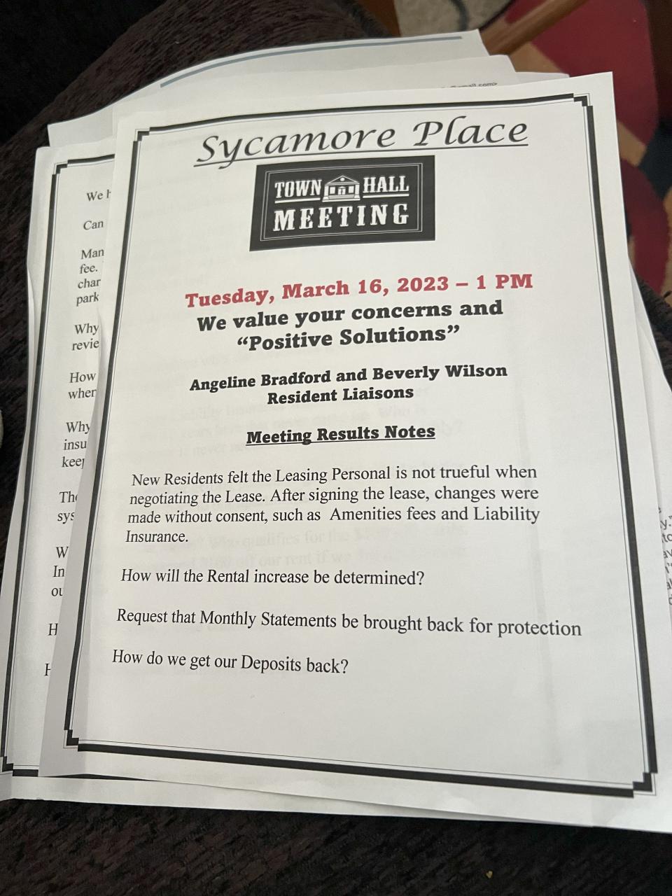 A March 2023 Sycamore Place town hall flyer