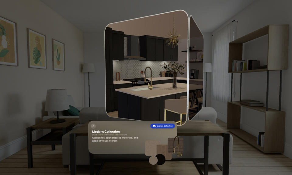 Image of the Lowe app on VisionOS.  The window showing the sink in the living room floats in a 3D window with the real living room visible behind.