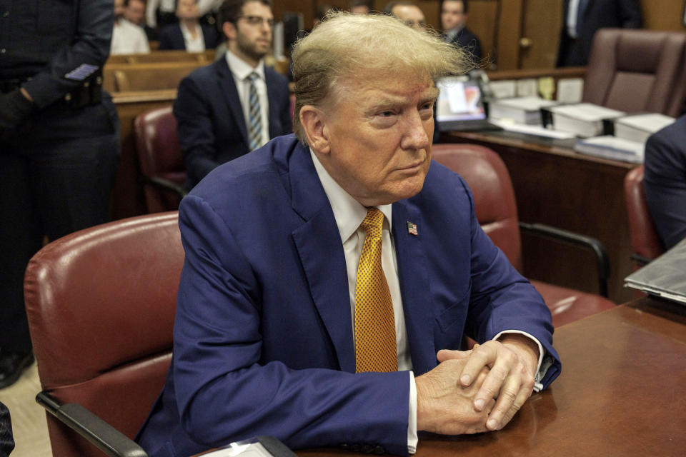 Former President Donald Trump sits at the defense table in Manhattan criminal court, Tuesday, May 7, 2024, in New York. (Sarah Yenesel/Pool Photo via AP)