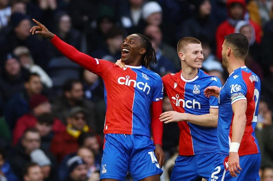 Eberechi Eze celebrates scoring their first goal with Adam Wharton and Joel Ward (Action Images via Reuters)