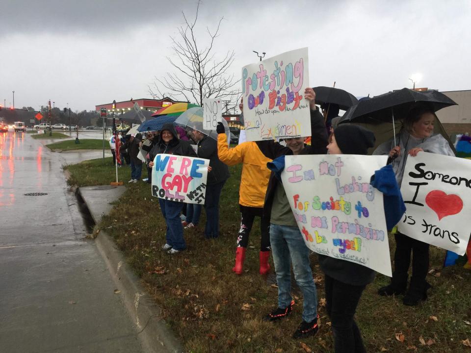 Two trans boys were kicked out of an ice skating rink during a “boys only” skate. The community responds with protests. (Photo: Protest attendees/organizers)