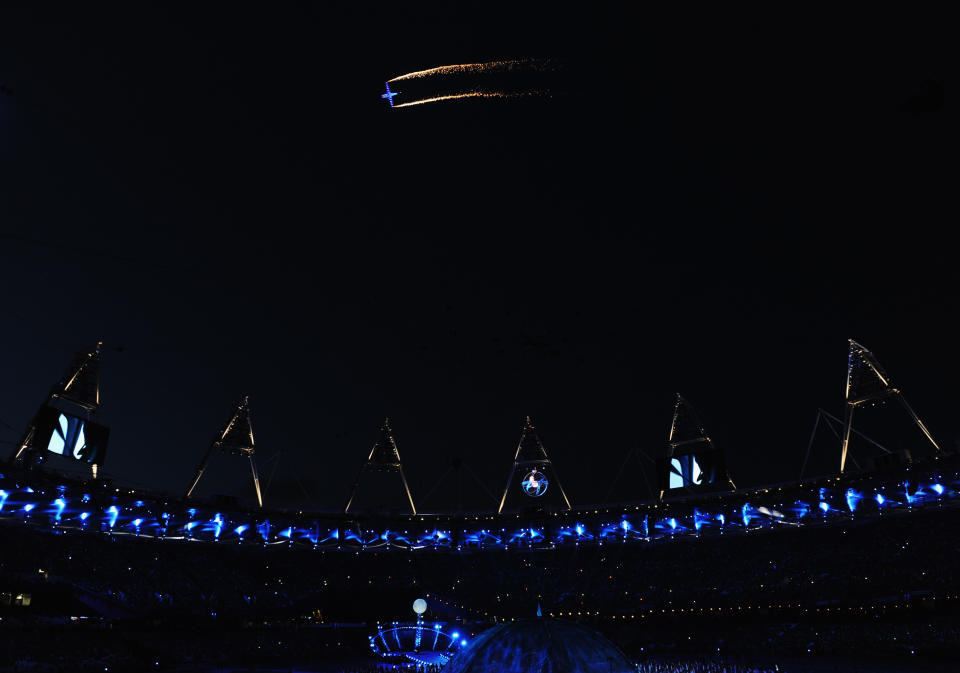 LONDON, ENGLAND - AUGUST 29: A flypast is seen during the Opening Ceremony of the London 2012 Paralympics at the Olympic Stadium on August 29, 2012 in London, England. (Photo by Gareth Copley/Getty Images)