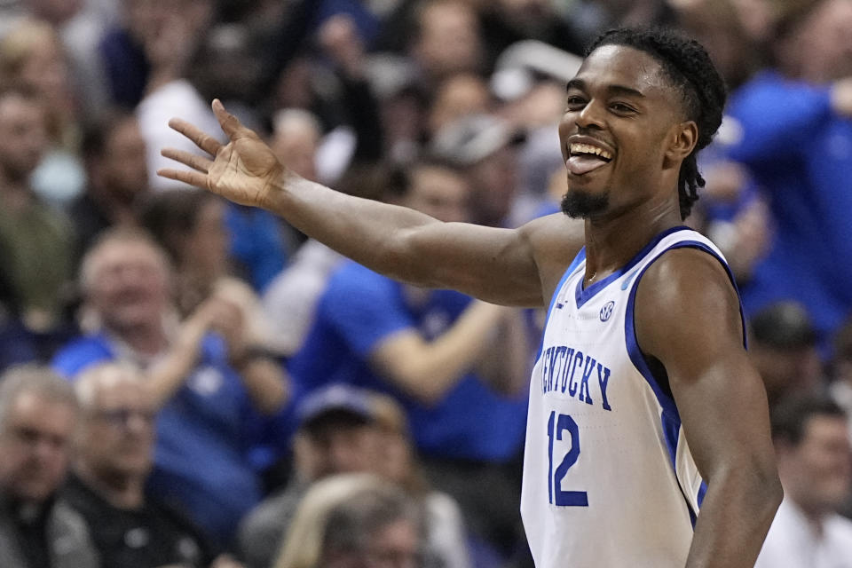 Kentucky guard Antonio Reeves celebrates after scoring against Providence during the first half of a first-round college basketball game in the NCAA Tournament on Friday, March 17, 2023, in Greensboro, N.C. (AP Photo/Chris Carlson)