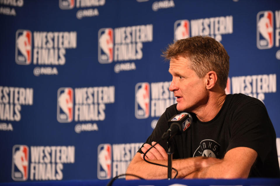 Golden State Warriors coach Steve Kerr thinks the NFL’s new rule regarding player protests during the national anthem is ‘idiotic.’ (Getty)