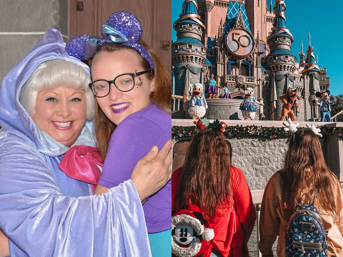 casey posing with fairy godmother and two people watching castle show at disney world