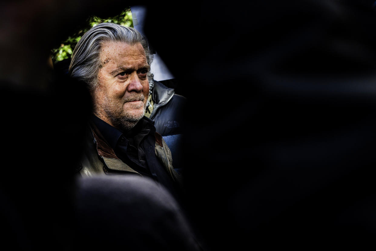 Steve Bannon, former adviser to Donald Trump, speaks to members of the media after appearing in federal court in Washington on Nov. 15, 2021. (Samuel Corum / Bloomberg via Getty Images file)