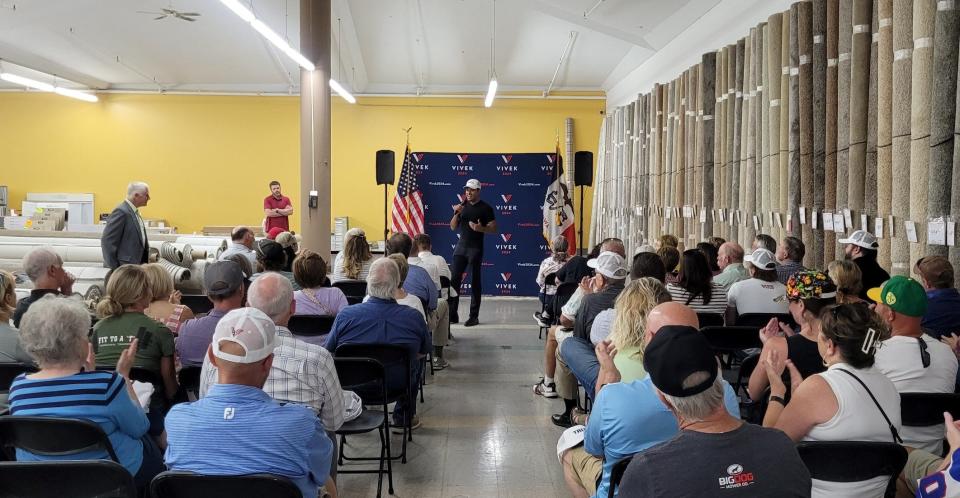 Vivek Ramaswamy, who is campaigning for the Republican nomination for president, speaks in Sioux City, Iowa, on Wednesday, June 14, 2023.