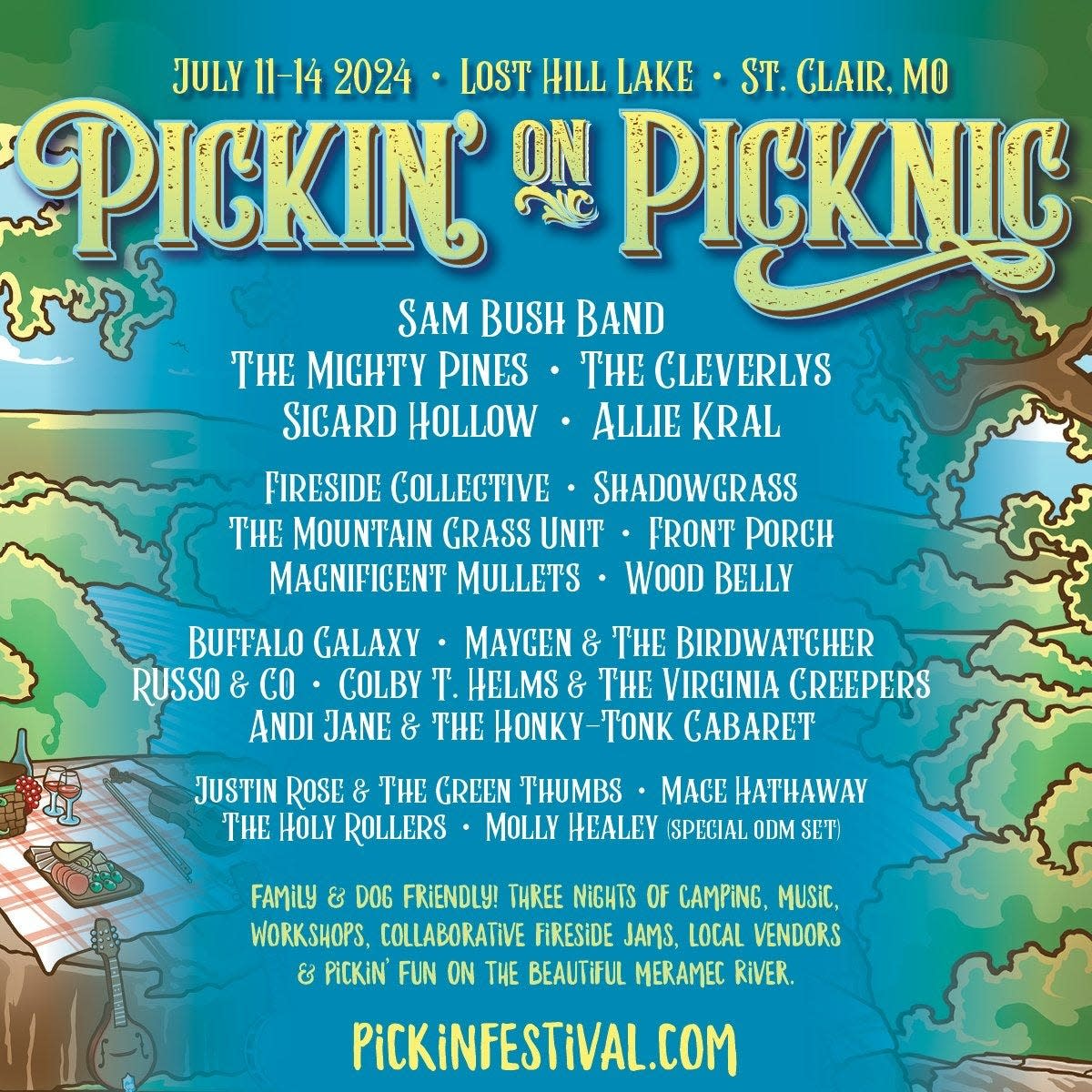 Pickin' on Picknic is July 11-14, 2024 at Lost Hill Lake in Saint Clair.