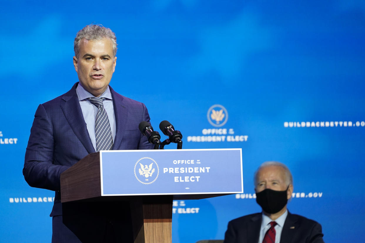 Jeff Zients, who has been selected serve as coordinator of the Covid-19 response and counselor to the President, speaks during an event at The Queen theater in Wilmington, Del., on Dec. 8, 2020, to announce President-elect Joe Biden's health care team. (Susan Walsh/AP)