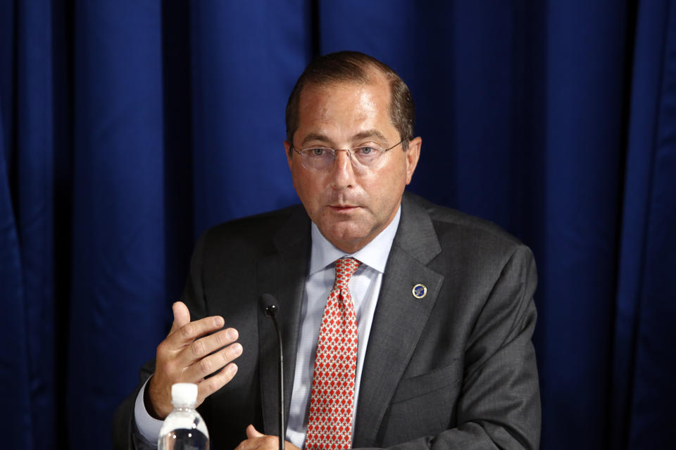 FILE - In this July 31, 2020, file photo, Health and Human Services Secretary Alex Azar speaks during a roundtable discussion with President Donald Trump on the coronavirus outbreak and storm preparedness at Pelican Golf Club in Belleair, Fla. When Azar arrives in Taiwan he’ll find a society that has managed to contain COVID-19 by doing things the U.S. has fumbled, such as having a national plan and citizens willing to wear masks. (AP Photo/Patrick Semansky, File)