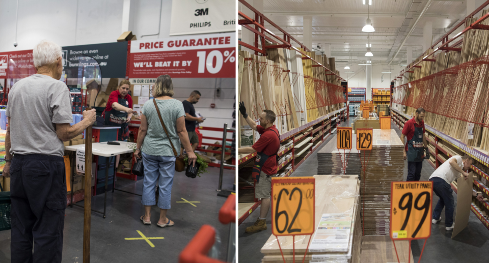 Customers queueing up at Bunnings to be served by a worker (left) and a customer being helped by a Bunnings staff member (right)