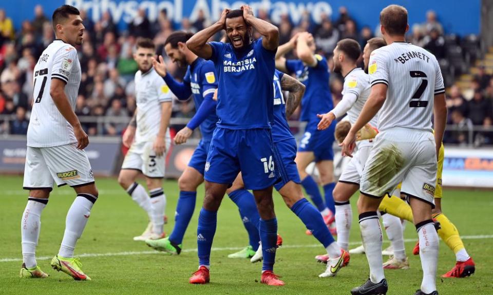 Curtis Nelson reacts after a missed Cardiff chance during the defeat at Swansea.