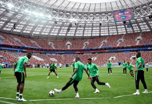 Saudi players train at the Luzhniki stadium in Moscow before they take on Russia in the opening match of the 2018 World Cup