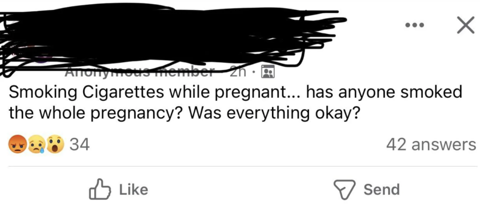 Social media post by an anonymous member asking if anyone has smoked cigarettes throughout their entire pregnancy and if everything was okay, with 42 answers and 34 reactions