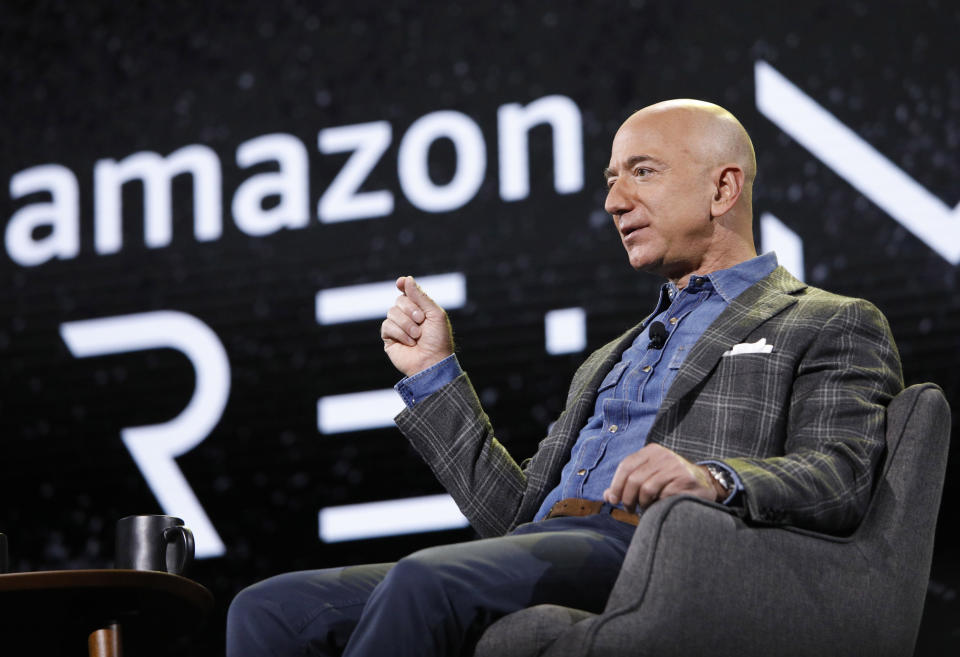 FILE - In this June 6, 2019, Amazon CEO Jeff Bezos speaks at the the Amazon re:MARS convention in Las Vegas. Amazon said Tuesday, Feb. 2, 2021, that Bezos is stepping down as CEO later in the year, a role he's had since he founded the company nearly 30 years ago. (AP Photo/John Locher, File)