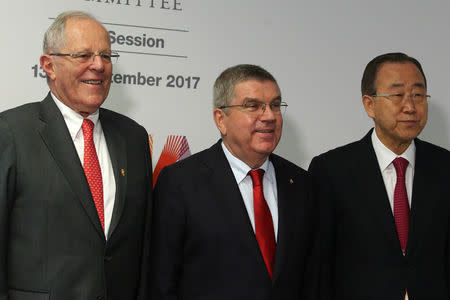 Peru's President Pedro Pablo Kuczynski, International Olympic Committee (IOC) President Thomas Bach and former UN Secretary-General Ban Ki-moon pose for picture during the 131st IOC session in Lima, Peru, September 14, 2017. REUTERS/Guadalupe Pardo