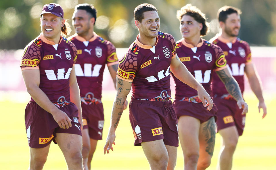 Queensland players, pictured here at a training session before State of Origin 3.