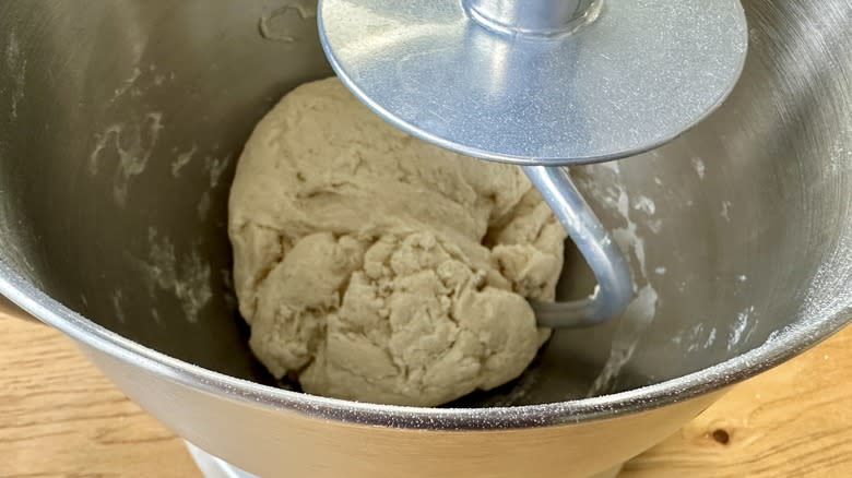 Dough kneading in mixing bowl