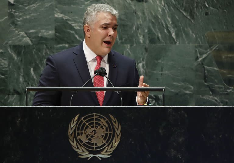 El presidente de Colombia, Iván Duque, se dirige al 76 ° período de sesiones de la Asamblea General de las Naciones Unidas en la sede de la ONU en Nueva York el martes 21 de septiembre de 2021. (Eduardo Munoz/Foto Pool vía AP)