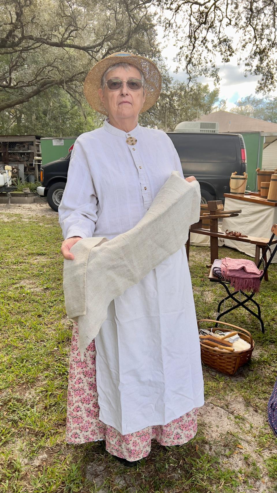 Betty-Seager shares a 100-year-old flax towel woven by her great-grandmother.