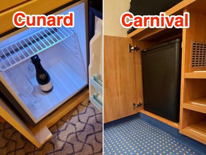 Cunard gusts were greeted with a bottle of champagne. Carnival&#39;s fridge was empty.