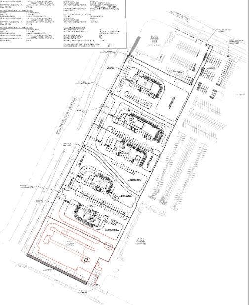 A conceptual rendering of how five new retail sites could be added to the Green Bay Plaza shopping center at the intersection of Military Avenue and West Mason Street. The new Club Car Wash off Military Avenue is marked in red at the bottom of the image.