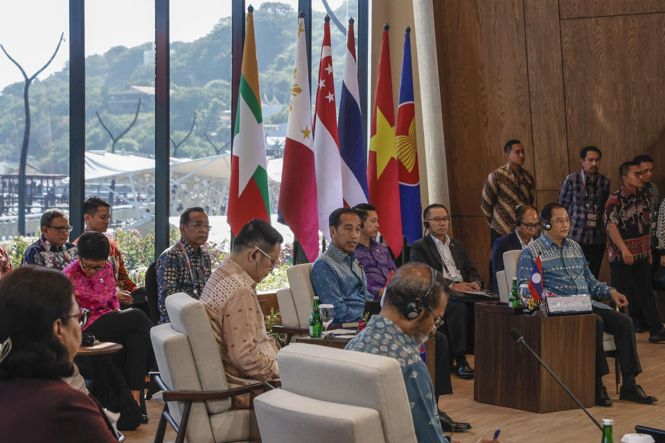 Indonesian President Joko Widodo, center, delivers his remarks as southeast Asian countries' leaders convene during a retreat session at the 42nd ASEAN Summit in Labuan Bajo, East Nusa Tenggara province, Indonesia, Thursday, May 11, 2023. (Mast Irham/Pool Photo via AP)