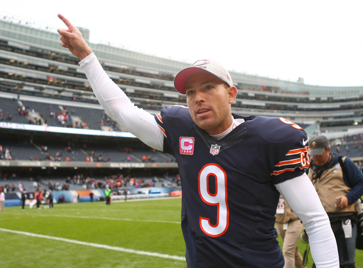 Oct 4, 2015; Chicago, IL, USA; Chicago Bears kicker Robbie Gould (9) runs off the field after the game against the Oakland Raiders at Soldier Field. Mandatory Credit: Jerry Lai-USA TODAY Sports