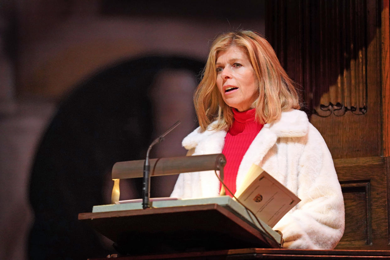 LONDON, ENGLAND - DECEMBER 08: Previously unissued photo dated 08/12/21 Kate Garraway giving a reading during the 'Royal Carols - Together At Christmas', a Christmas carol concert hosted by the duchess at Westminster Abbey in London, which will be broadcast on Christmas Eve on ITV.  on December 8, 2021 in London, England. Led by the duchess, and supported by The Royal Foundation, the service was attended by those Kate and William had spent time with during recent engagements, as well as members of the armed forces involved in Operation Pitting, young carers, faith leaders and those who may have been more vulnerable or isolated during the pandemic.(Photo by Victoria Jones - WPA Pool/Getty Images)