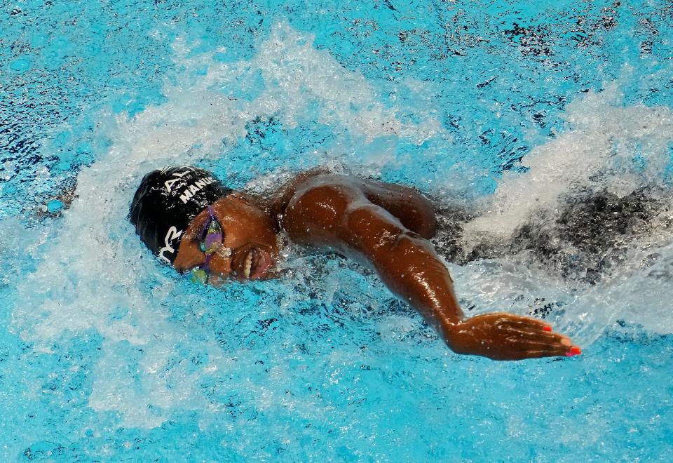 Simone Manuel swims in the women’s 100 freestyle prelims during the U.S. Olympic Team Trials Swimming competition at CHI Health Center Omaha.