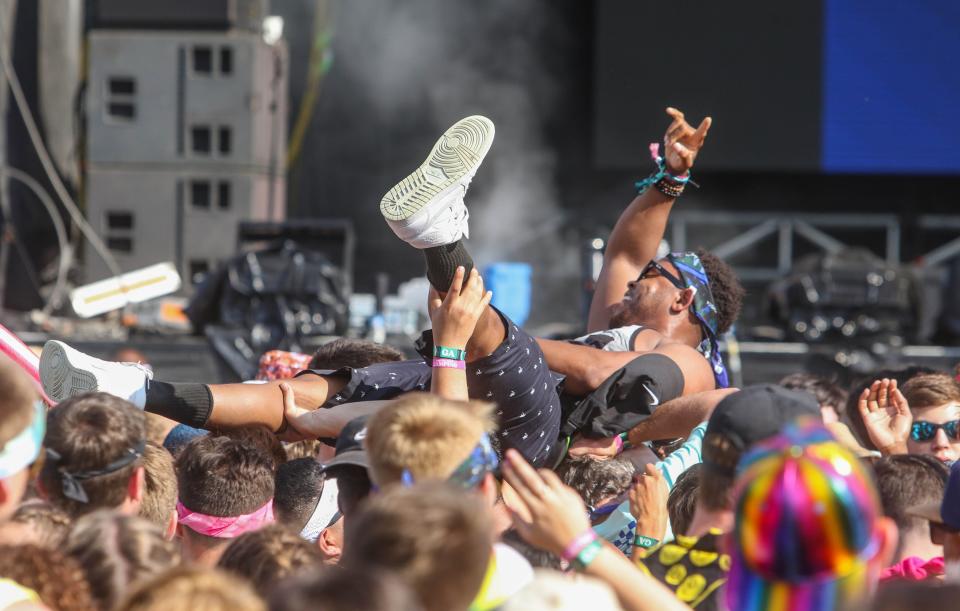 A man crowdsurfing during DJ 4B's set at Firefly Music Festival on Saturday June 22, 2019 in Dover.