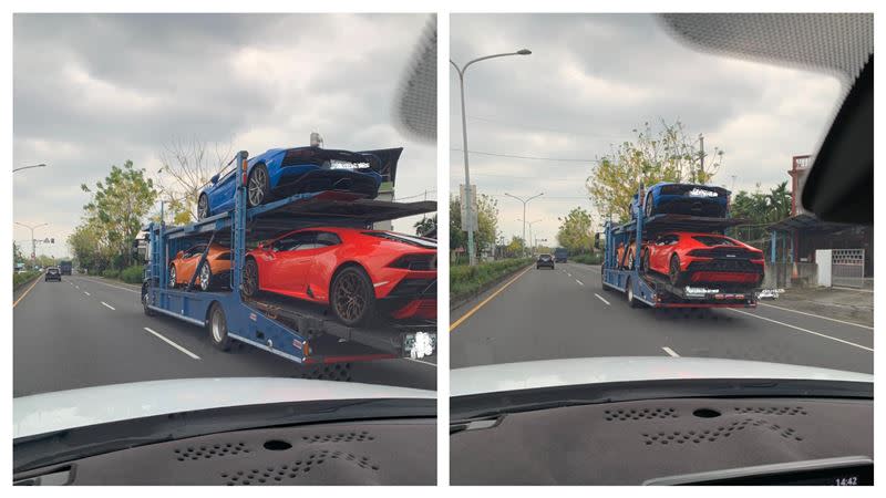 運輸車載著3台看似價值不菲的車子。（圖／翻攝自臉書社團「爆廢公社二館」）