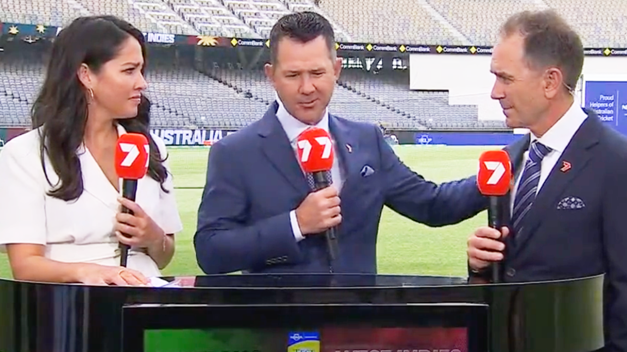 Ricky Ponting (pictured middle) embracing Justin Langer (picture right) during commentary.