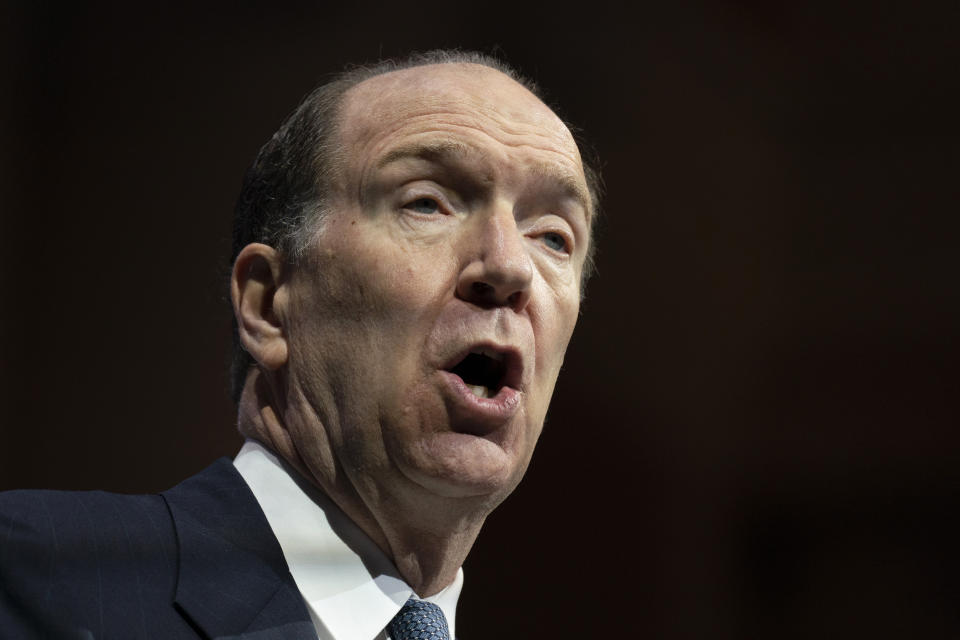 File -World Bank Group President David Malpass speaks during the 2022 annual meeting of the International Monetary Fund and the World Bank Group, Friday, Oct. 14, 2022, in Washington. (AP Photo/Manuel Balce Ceneta, File)