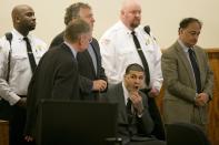 Former NFL player Aaron Hernandez awaits the verdict during his murder trial at the Bristol County Superior Court in Fall River, Massachusetts, April 15, 2015. Hernandez, 25, a former tight end for the New England Patriots, is convicted of fatally shooting semiprofessional football player Odin Lloyd in an industrial park near Hernandez's Massachusetts home in June 2013. REUTERS/Dominick Reuter