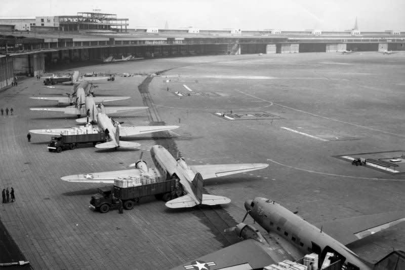 U.S. Air Force Douglas C-47 transport planes prepare to take off from Tempelhof Airport during the Berlin Airlift in August 1948. On May 12, 1949, Soviet authorities announced the end of a land blockade of Berlin.File Photo courtesy of the USAF